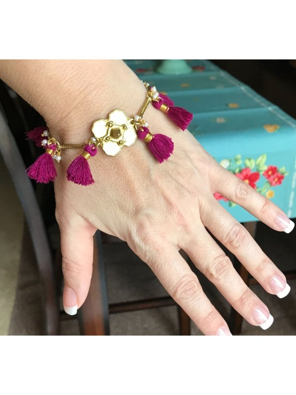 NWT Anthropologie Festival Jewelry Jewel Tone Magenta Charm Tassel Bracelet